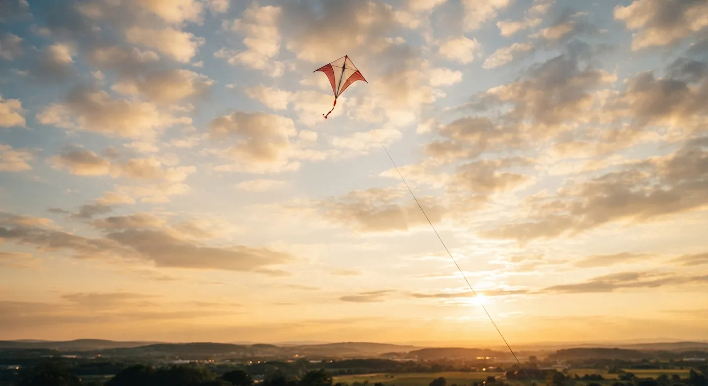 A kite high in a golden evening sky, its string running down toward the ground