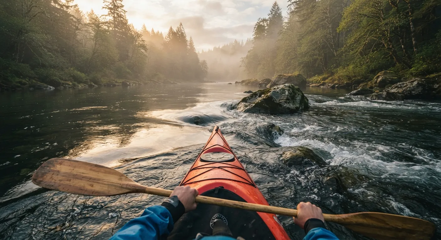 View from a kayak on a river, with rocks breaking the surface and others just below it