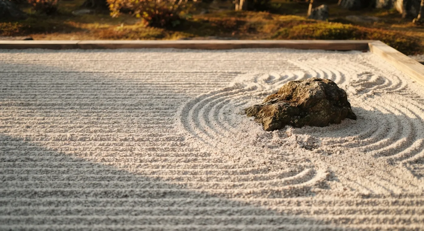 Raked sand garden at low sun, the neat lines curving and breaking around a single buried stone