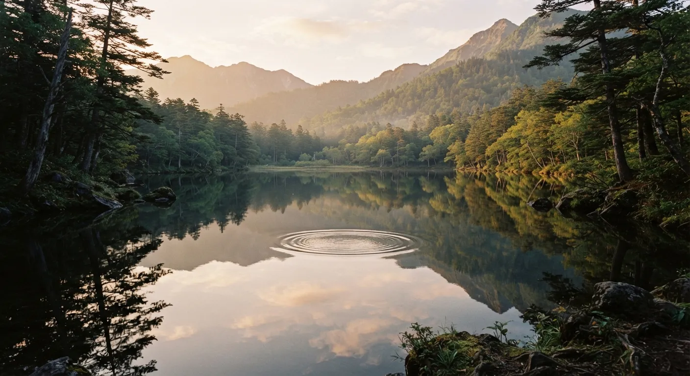 Still water at dawn reflecting forested mountains, with a single ripple spreading across the surface
