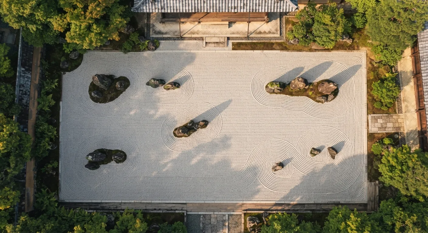 Aerial view of a raked zen garden, concentric lines circling dark stones
